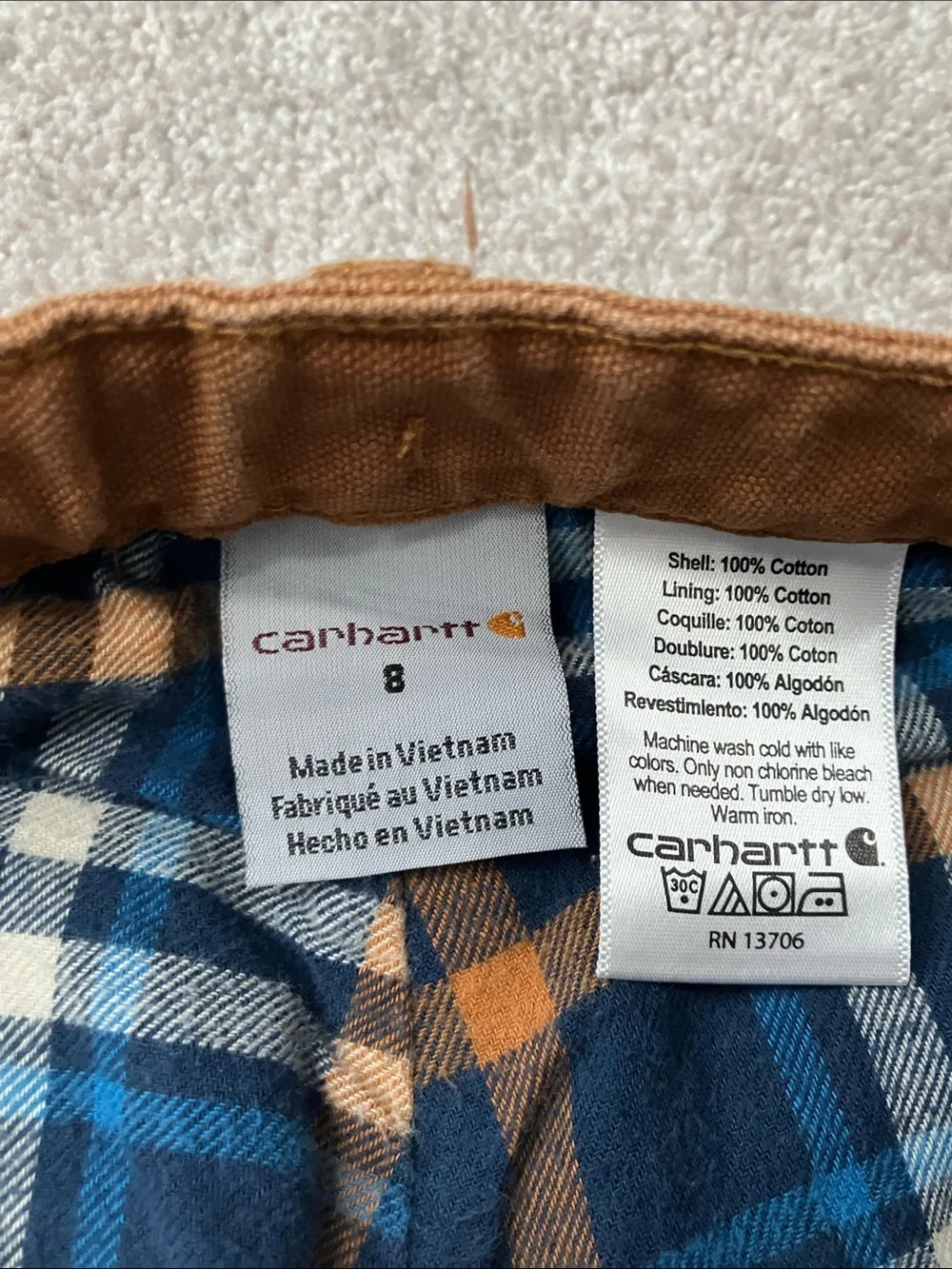 Carhartt Boys Brown Casual Cotton Pants with Plaid Cuff